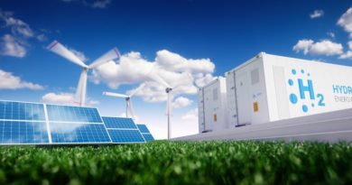 Ecology energy solution. Power to gas concept. Hydrogen energy storage with renewable energy sources - photovoltaic and wind turbine powe